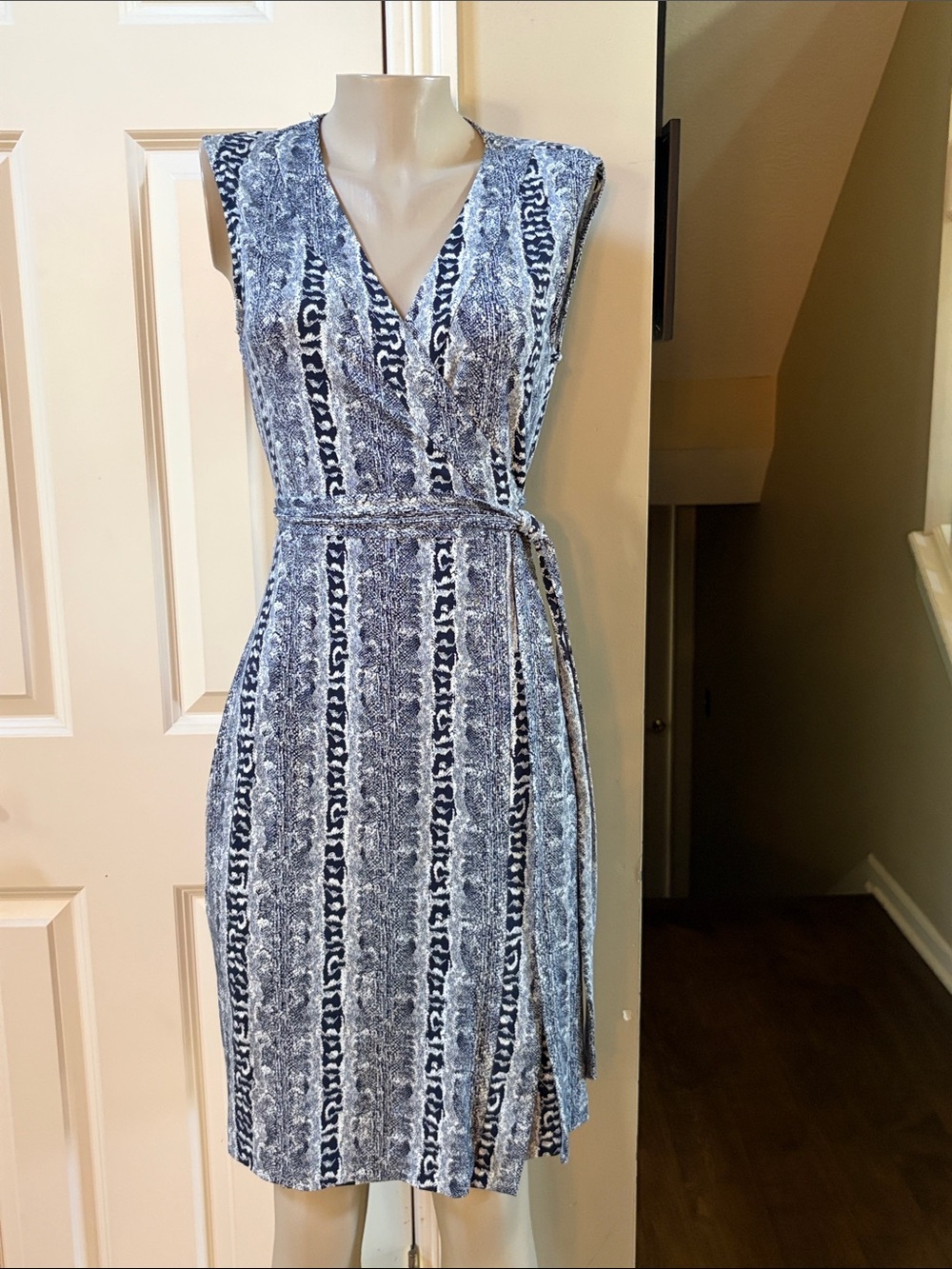Diane Von Furstenberg Navy and White Sleeveless Wrap Midi Dress, 12